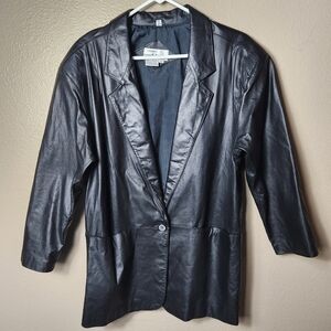 Vintage Womens Tibor 90s Black Leather One Button Blazer-Size 10